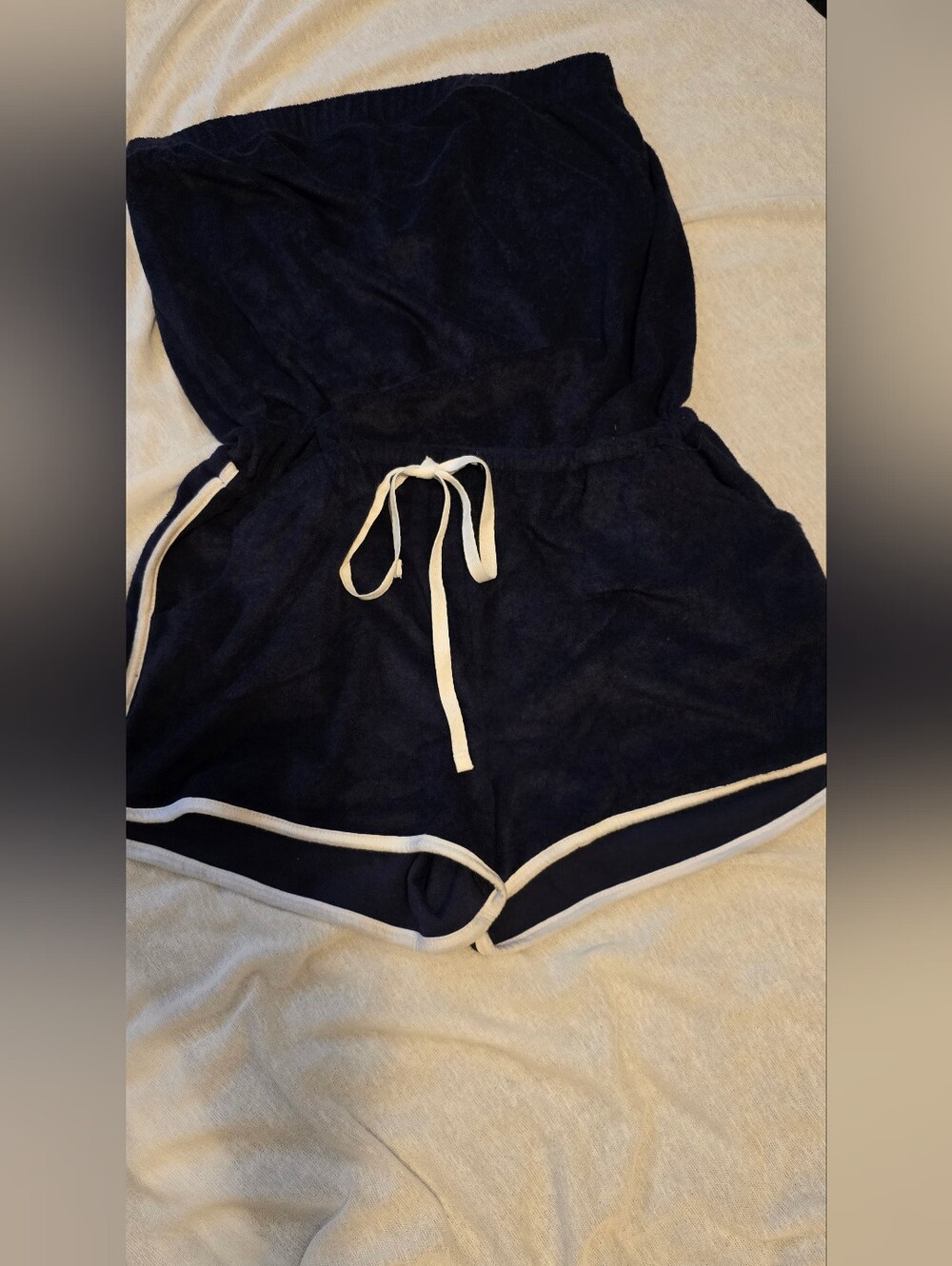 No Boundaries Navy Blue Athletic Drawstring Shorts Jumpsuit with White Trim